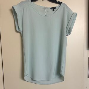 Express Mint Green Women's Blouse Rolled up Short Sleeves Round Neck M Back Zip
